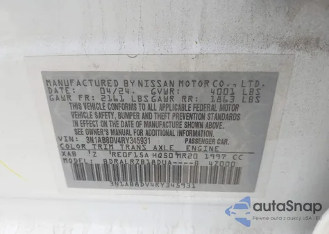 2024 Nissan Sentra Sr Xtronic Cvt из США, поврежденный, VIN 3N1AB8DV4RY345931